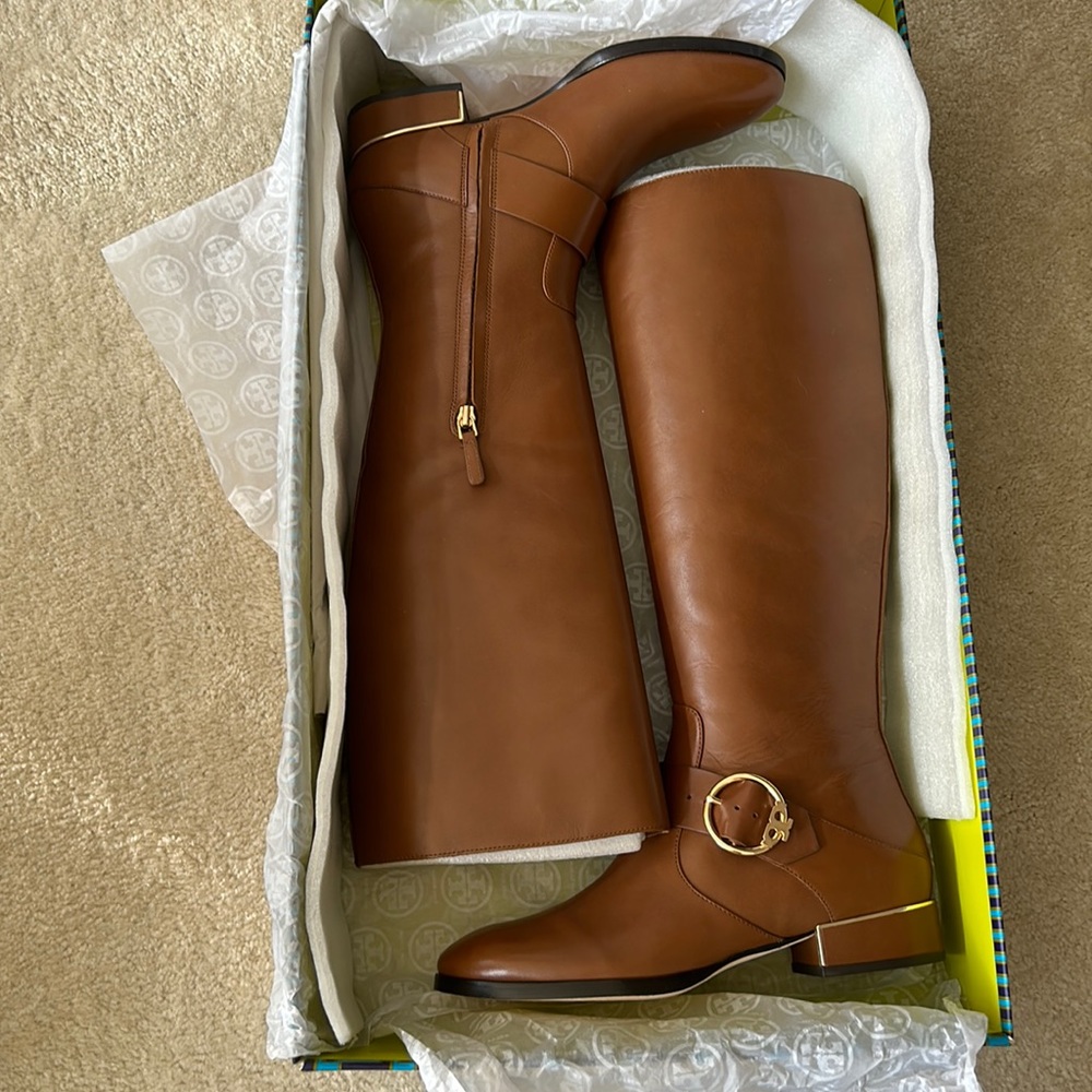 Tory Burch Sofia Roding Boot Festival Brown and Gold 9.5